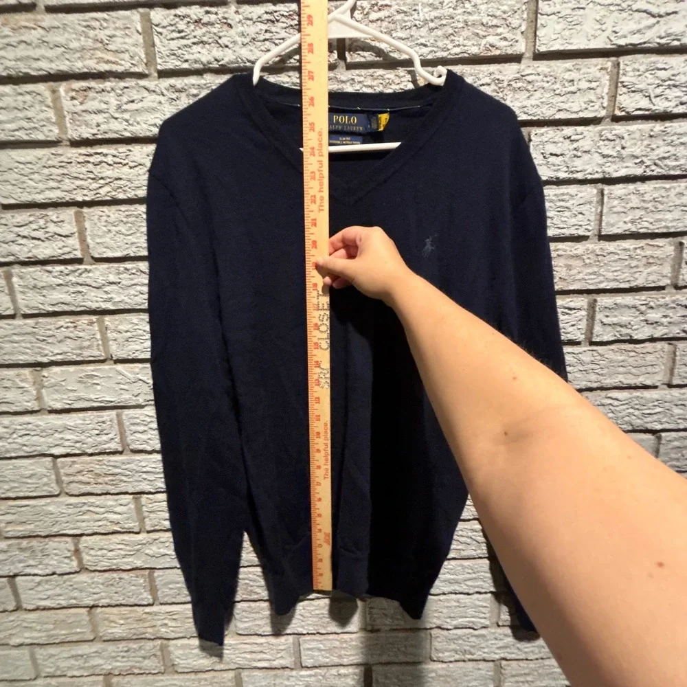 Polo Ralph Lauren Mens Navy Blue Washable Merino Wool V-Neck Sweater Slim Fit L
